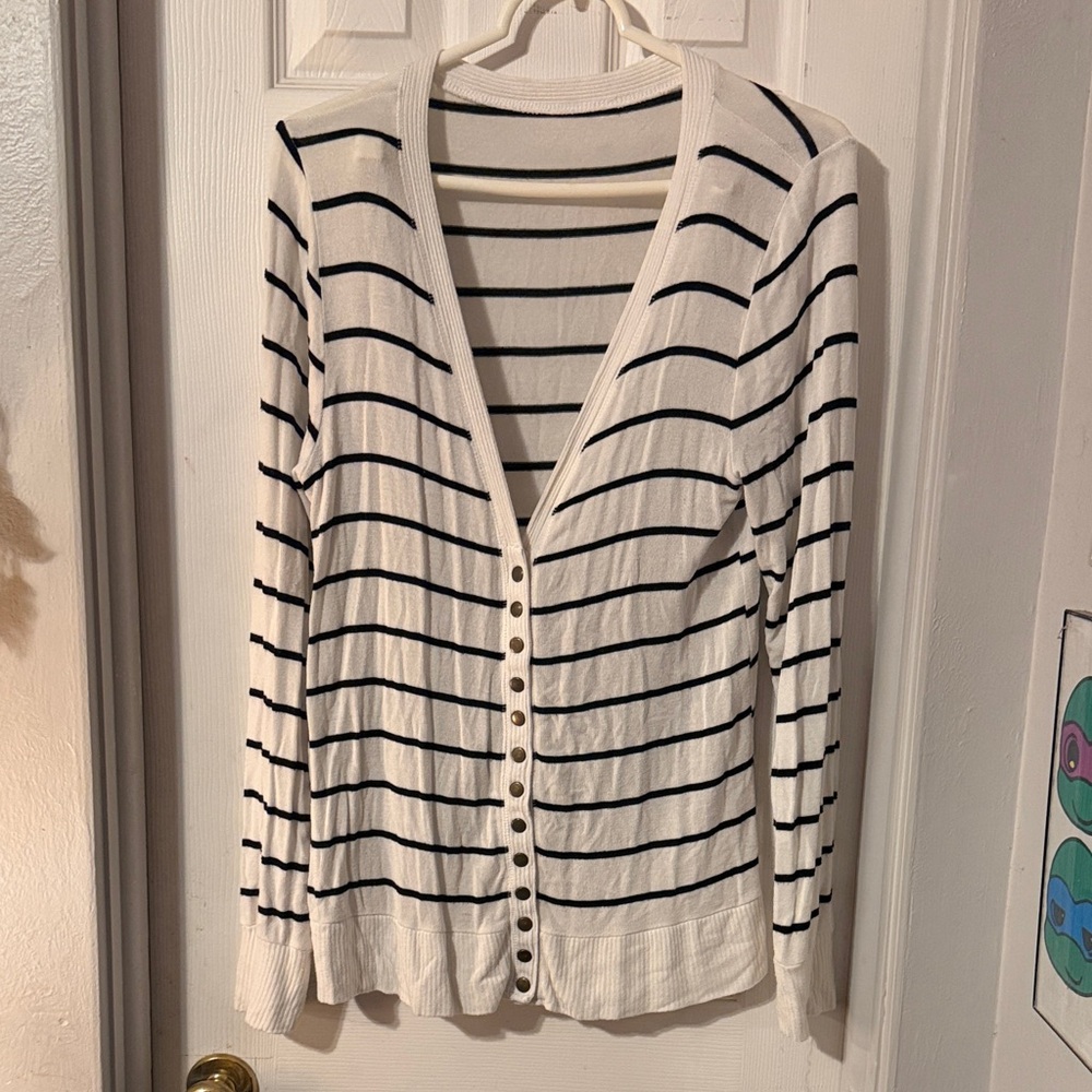 Striped V-Neck Button Front Cardigan - White/Black